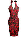 Deep Red 1960s Halloween Skull Halter Dress
