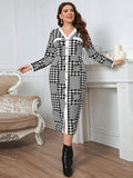 [Plus Size] 1930s Houndstooth Button V-Neck Knit Dress