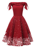 Red 1950s Off-shoulder Snowflake Dress