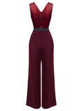 Wine Red 1930s Polka Dot Belt Jumpsuit