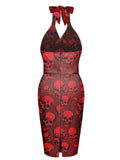 Deep Red 1960s Halloween Skull Halter Dress