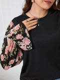 [Plus Size] Black 1960s Floral Bishop Sleeve Top