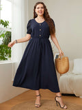 [Plus Size] Dark Blue 1930s Puff Sleeve Solid Dress