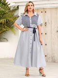 [Plus Size] Light Blue 1930s Stripe Shirt Dress