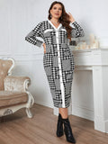 [Plus Size] 1930s Houndstooth Button V-Neck Knit Dress