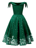 [Pre-Sale] Green 1950s Christmas Snowflake Off-Shoulder Dress