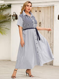 [Plus Size] Light Blue 1930s Stripe Shirt Dress