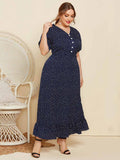 [Plus Size] Dark Blue 1930s V-Neck Polka Dot Dress