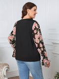 [Plus Size] Black 1960s Floral Bishop Sleeve Top