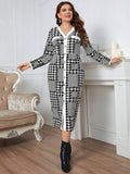 [Plus Size] 1930s Houndstooth Button V-Neck Knit Dress