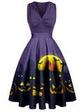 Deep Purple 1950s Halloween V-Neck Swing Dress