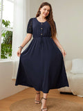[Plus Size] Dark Blue 1930s Puff Sleeve Solid Dress