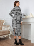 [Plus Size] 1930s Houndstooth Button V-Neck Knit Dress