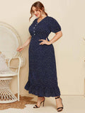 [Plus Size] Dark Blue 1930s V-Neck Polka Dot Dress