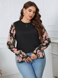 [Plus Size] Black 1960s Floral Bishop Sleeve Top