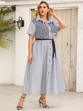 [Plus Size] Light Blue 1930s Stripe Shirt Dress