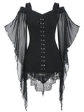 Black 1950s Halloween Bat Sleeve Lace Top