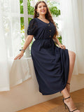 [Plus Size] Dark Blue 1930s Puff Sleeve Solid Dress