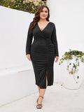 [Plus Size] 1960s Solid V-Neck Pleated Long Sleeve Dress