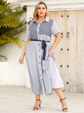 [Plus Size] Light Blue 1930s Stripe Shirt Dress