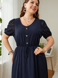 [Plus Size] Dark Blue 1930s Puff Sleeve Solid Dress