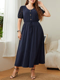 [Plus Size] Dark Blue 1930s Puff Sleeve Solid Dress