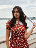 Red 1960s Floral Puff Sleeve Flared Dress