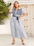 [Plus Size] Light Blue 1930s Stripe Shirt Dress