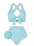 2PCS Light Blue Plaid Halter Neck Swimsuit