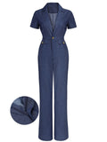 Navy Blue 1950s Tencel Denim Button Jumpsuit