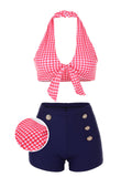 Pink Retro Plaid Halter Bikini Set