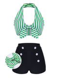 [US Warehouse] Green 1950s Retro Halter Stripes Bikini Set