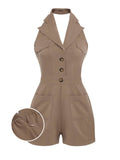 Khaki 1950s Notched Collar Solid Romper