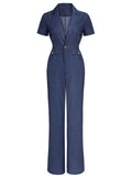 Navy Blue 1950s Tencel Denim Button Jumpsuit