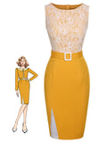[Pre-Sale] Yellow 1960s Solid Lace Patchwork Belt Dress