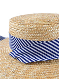 Retro Blue Ribbon Woven Raffia Hat