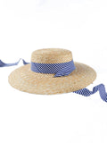 Retro Blue Ribbon Woven Raffia Hat
