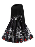Black 1950s Halloween Pumpkin Long Sleeve Dress