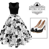 Black 1950s Floral Swing Dress