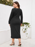 [Plus Size] 1960s Solid V-Neck Pleated Long Sleeve Dress