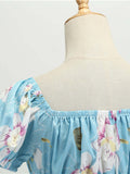 1950s Blue Floral Pleated Swing Dress