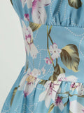 1950s Blue Floral Pleated Swing Dress