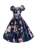 1950s Navy Blue Floral Swing Dress