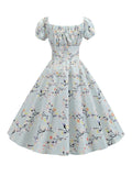 1950s Pastel Blue Floral Swing Dress