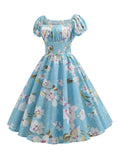 1950s Blue Floral Pleated Swing Dress