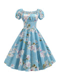 1950s Blue Floral Pleated Swing Dress