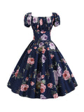 1950s Navy Blue Floral Swing Dress