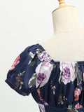 1950s Navy Blue Floral Swing Dress