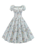 1950s Pastel Blue Floral Swing Dress