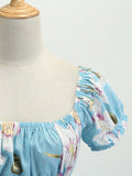 1950s Blue Floral Pleated Swing Dress